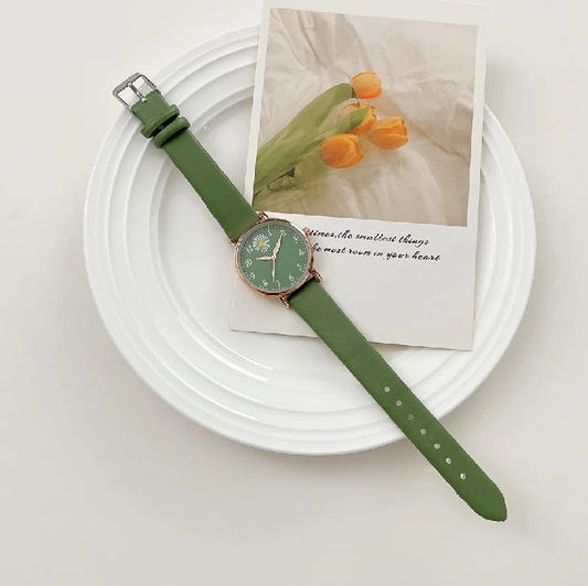 Meadow Charm: Vintage Green Watch & Floral Bracelet Set