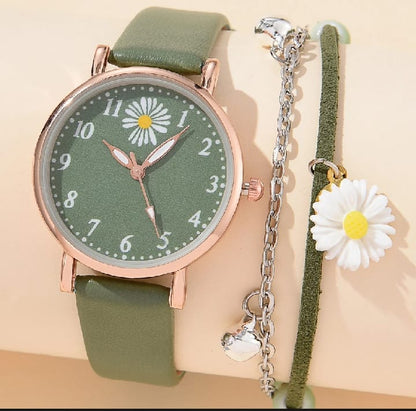 Meadow Charm: Vintage Green Watch & Floral Bracelet Set