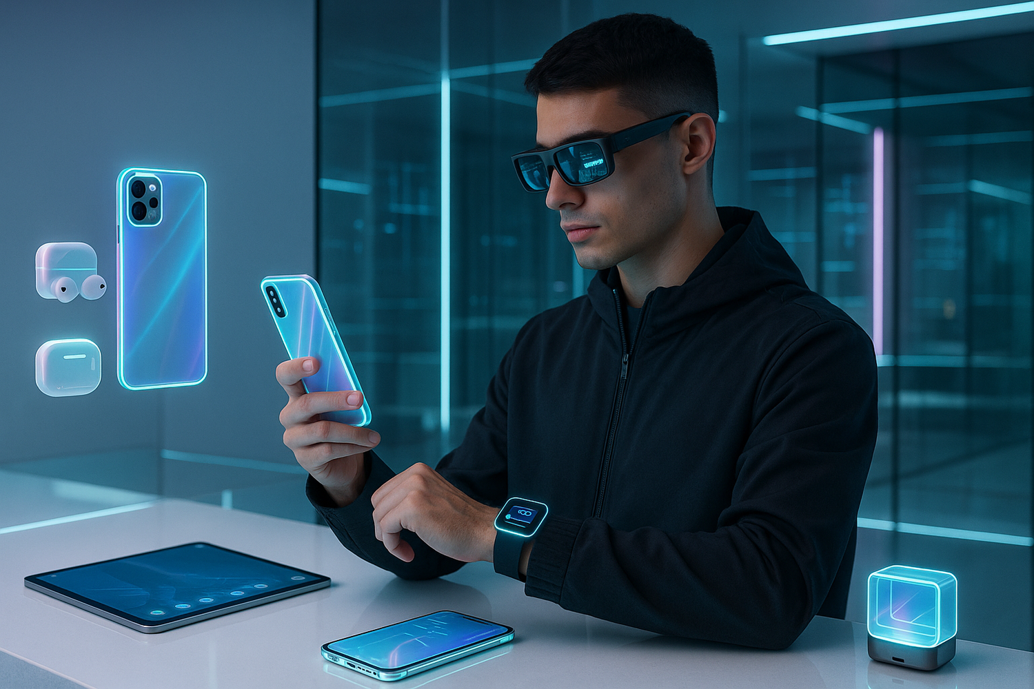generate a picture of future lifestyle also have phone cases, sunglasses, watches and anything tech